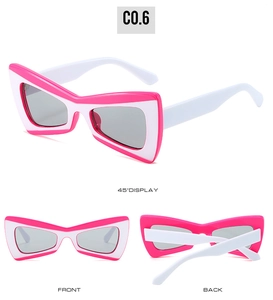 Vues détaillées de lunettes de soleil hip-hop chauve-souris avec monture rose et blanche