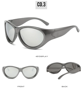 Three-angle view of silver Y2K sports sunglasses with a streamlined wrap-around frame design