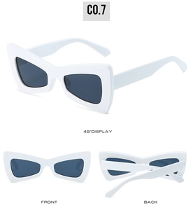 Vue sous trois angles de lunettes de soleil papillon blanches avec verres foncés épais