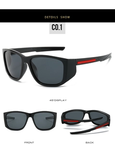 Detailed views of polarized sports sunglasses with black frames and red accents