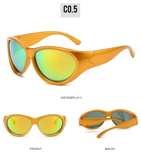 Three views of Y2K orange sports sunglasses featuring wraparound frame and gradient lenses