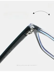 Close-up of durable metal hinge and size marking on blue transparent TR eyeglass frames