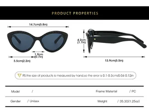Size chart for black cat eye sunglasses with detailed frame and lens measurements