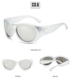 Three-view display of matte silver Y2K sports sunglasses showing front and side profile