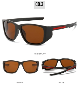 Detail view of polarized sports sunglasses with matte black frame and red stripe accents