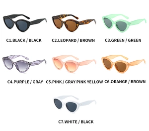 Detailed grid showing seven trendy cat-eye sunglasses with unique studded frame accents