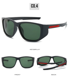 Three views of matte black polarized sports sunglasses with red temple detail