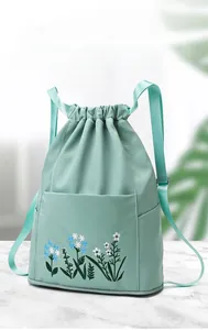 Detail view of mint green floral travel bag showing dry and wet separation feature