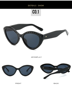 Multi-angle view of black cat-eye sunglasses with studded top frame accents