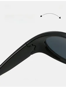 Detail shot of durable metal hinge on black Y2K sports sunglasses for cycling