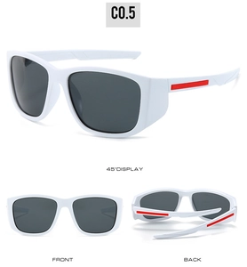 Polarized sports sunglasses featuring white frames and red stripe details from multiple angles