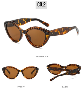 Three-angle views showing front, 45-degree side and back of cat-eye rivet sunglasses