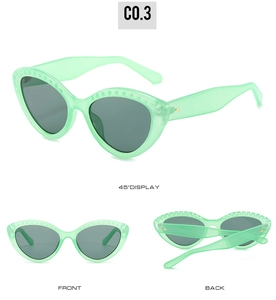 Three-angle view of mint green cat-eye sunglasses with studded frame and grey lenses