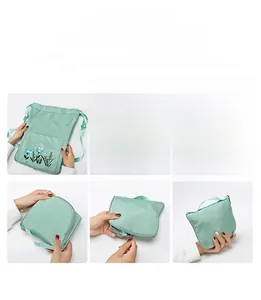 Step-by-step guide showing how to fold the floral embroidered green nylon travel backpack