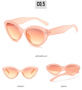 Cat-eye sunglasses with peach frames, gradient lenses, and rivet studs in three-angle view
