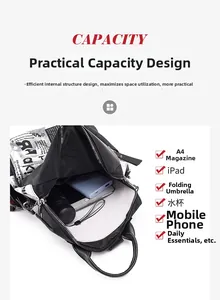 Internal view of a contrast backpack showing capacity for iPad and umbrella