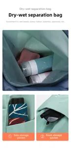 Detail view of Oxford fabric bag showing wet-dry compartment and functional storage pockets