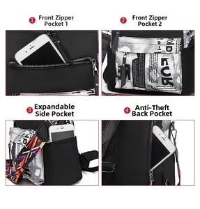 Functional black oxford backpack details showing multiple zipper pockets and anti-theft back compartment