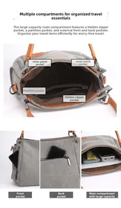 Detail view of canvas shoulder bag showing multiple functional compartments and leather handles