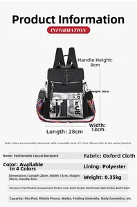 Detailed size chart and specifications for the black oxford fabric fashion backpack