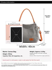 Canvas tote bag size guide with measurements and orange straps next to an iPad