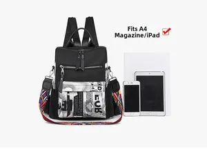 Detail view of black oxford backpack showing capacity for A4 magazine and tablet device