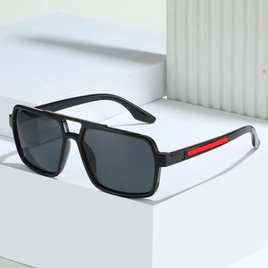 Men's square polarized sunglasses with classic black frame and red sporty accents