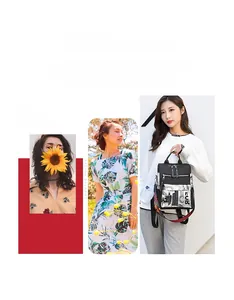 Black Oxford backpack with newspaper print pocket and colorful geometric wide strap