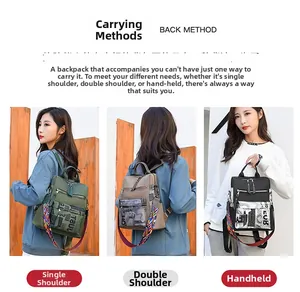 Three-way oxford backpack for women showing single shoulder, double shoulder and handbag styles