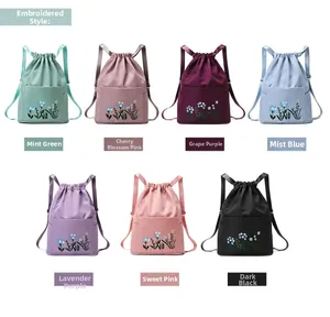 Detailed grid of colorful oxford backpacks featuring floral embroidery and waterproof fabric