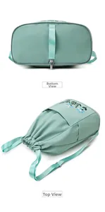 Macro detail of mint green oxford backpack showing waterproof fabric and flower embroidery