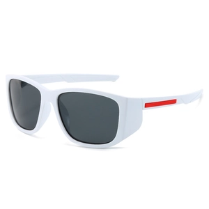 Polarized sports sunglasses for men featuring white frame and red side stripes for outdoor racing