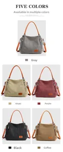 Matrix display of multi-color canvas tote bags with leather handles and zip pockets