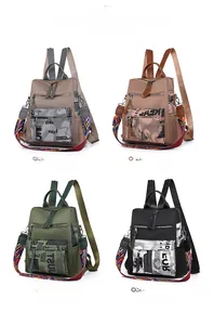 Collage of four waterproof nylon backpacks in grey, brown, green and black with print