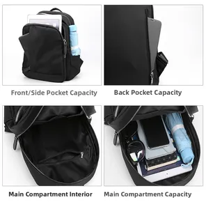 Detail showing the internal storage and anti-theft pockets of the black nylon backpack
