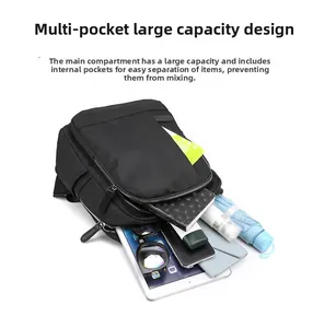 Detail of multi-pocket black nylon backpack interior showing large storage capacity