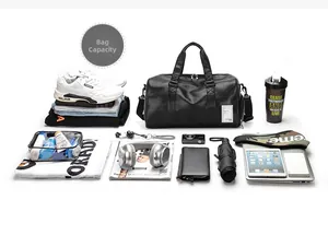 Spacious black PU leather travel bag showing organized capacity for laptop, shoes and clothes