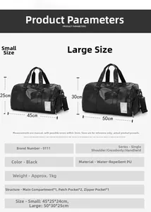 Detailed size chart showing dimensions and structure of waterproof PU travel bag