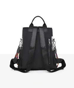Close-up of the waterproof oxford backpack back with anti-theft zipper and woven straps