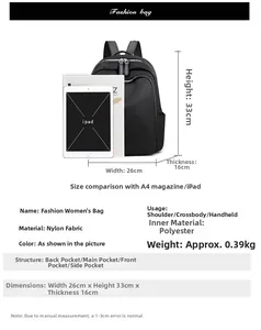 Size comparison of black nylon backpack with iPad and A4 magazine showing 26x33x16cm dimensions