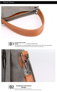 Detail view of canvas tote bag with leather straps and detachable gunmetal hardware