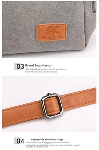 Close-up of classic fashion leather logo and adjustable strap on gray canvas tote bag