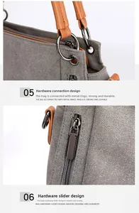 Detail of grey canvas tote featuring metal ring connectors and brown leather handles
