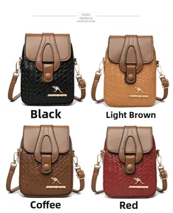 Detail view of mini woven crossbody bags in black, tan, coffee, and red with gold logo