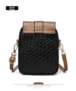 Back view of a woven leather crossbody bag in black and brown with gold hardware