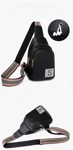 Black textured PU leather sling bag with striped strap and external earphone port detail
