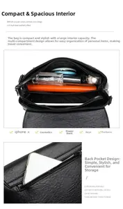 Detail view of large capacity black leather crossbody bag with multiple zip compartments