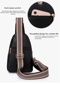 Detail of PU leather chest bag featuring anti-theft back zipper pocket for smartphones