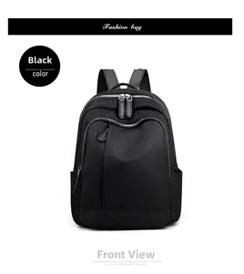 Front view of black waterproof oxford backpack with dual zippers and silver metal hardware