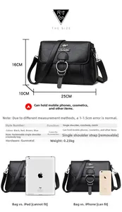 Size guide for PU leather crossbody bag showing dimensions 25x10x16cm and phone capacity